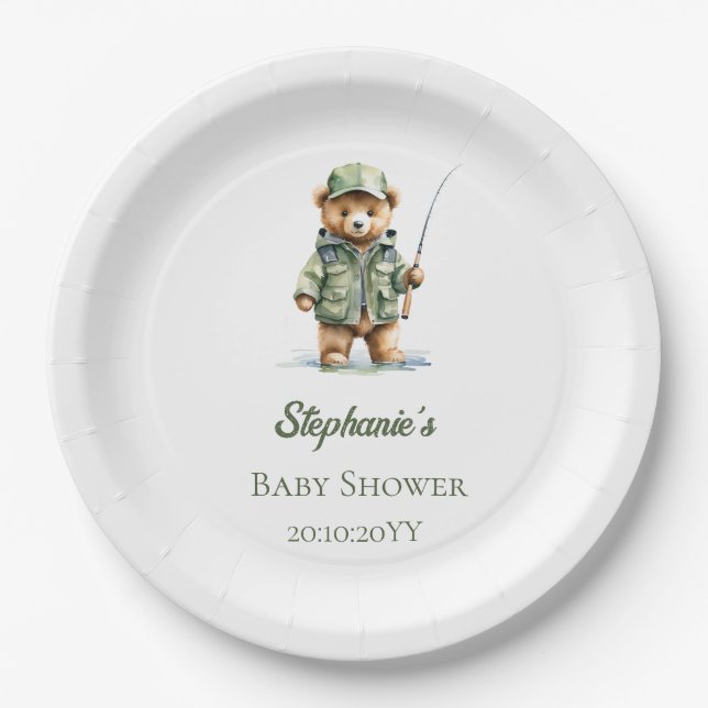 Cute Teddy Bear Fisherman Oh Boy Baby Shower Paper Plate (Front)