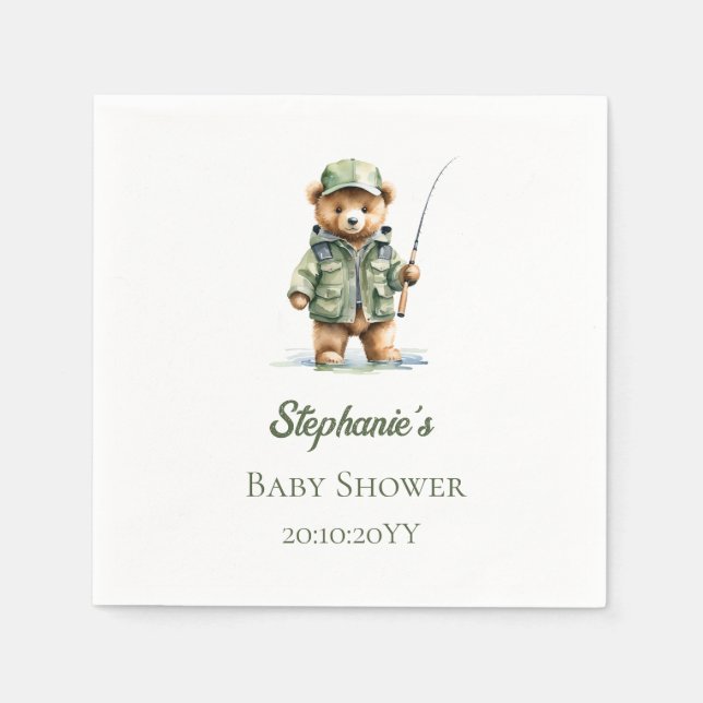 Cute Teddy Bear Fisherman Reel Excited Baby Shower Napkin (Front)