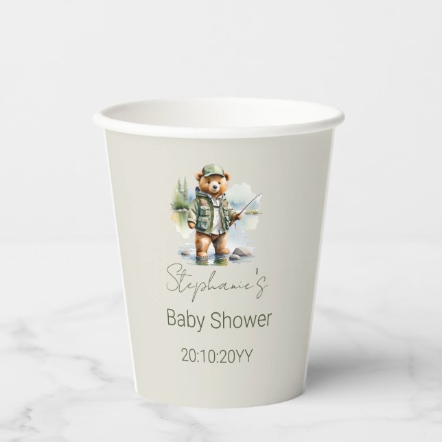 Cute Teddy Bear Fisherman Reel Excited Baby Shower Paper Cups (Front)