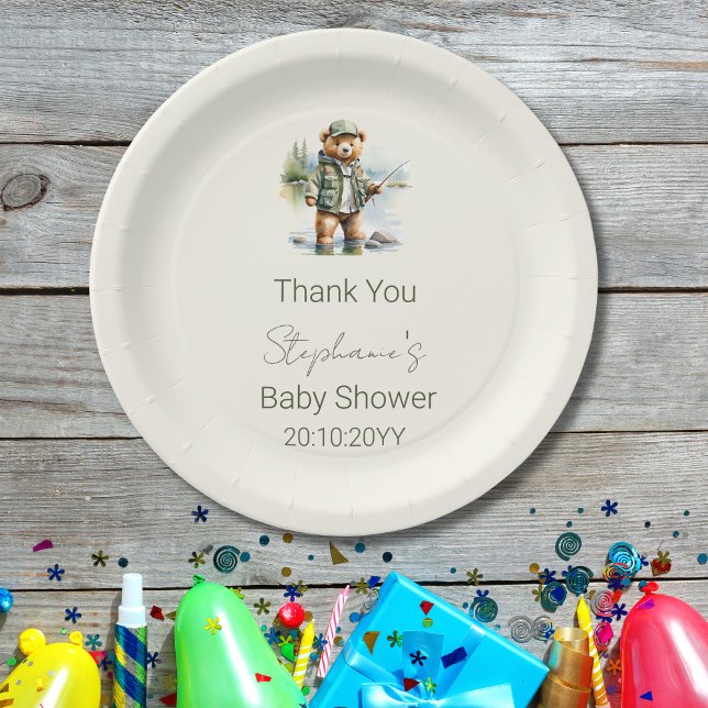 Cute Teddy Bear Fisherman Reel Excited Baby Shower Paper Plate (Creator Uploaded)