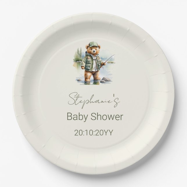 Cute Teddy Bear Fisherman Reel Excited Baby Shower Paper Plate (Front)