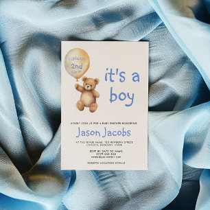 Cute teddy bear floating balloon baby shower invitation