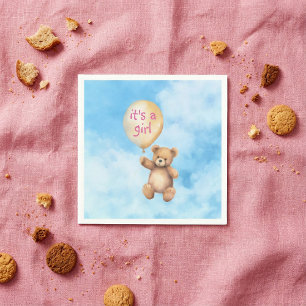 Cute teddy bear floating balloon girl baby shower napkin