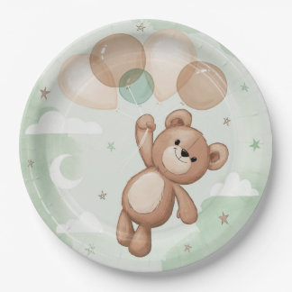 Cute Teddy Bear Floating with Balloons Baby Shower Paper Plate