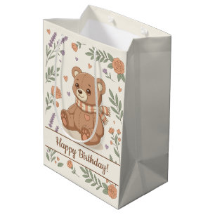 Cute Teddy Bear Floral Birthday Kids Medium Gift Bag