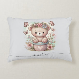 Cute Teddy Bear & Floral Custom Name Decorative Cushion