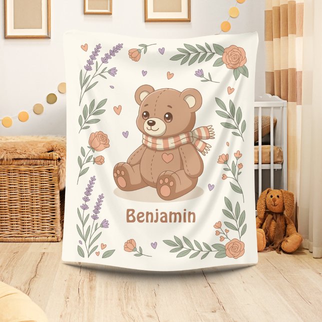 Cute Teddy Bear Floral Custom Name Fleece Blanket (Creator Uploaded)