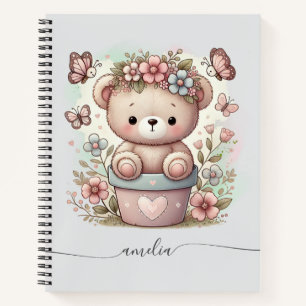 Cute Teddy Bear & Floral Custom Name  Notebook