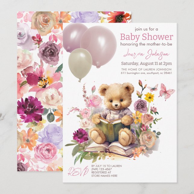 Cute Teddy Bear Floral Pink Balloons Baby Shower Invitation (Front/Back)