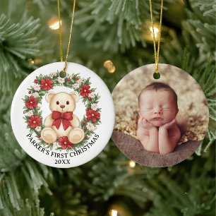 Cute Teddy Bear Floral Wreath Baby First Christmas Ceramic Tree Decoration