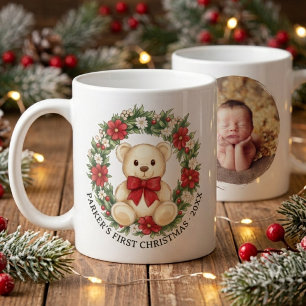 Cute Teddy Bear Floral Wreath Baby First Christmas Coffee Mug