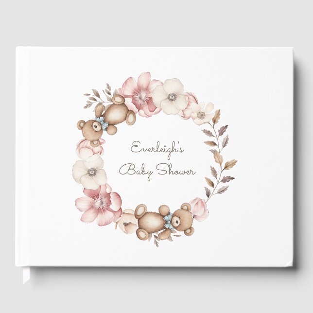 Cute Teddy Bear Floral Wreath Guest Book (Front)