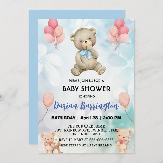 Cute teddy Bear flower balloon baby boy shower  Invitation (Front/Back)