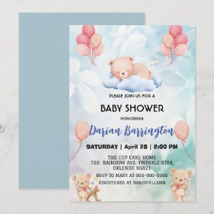 cute teddy Bear flower balloon baby shower party Invitation