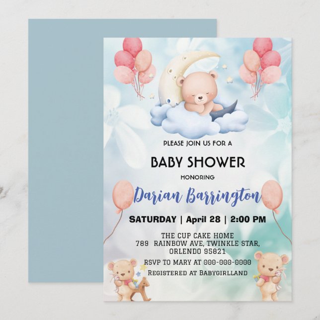 cute teddy Bear flower balloon baby shower party  Invitation (Front/Back)