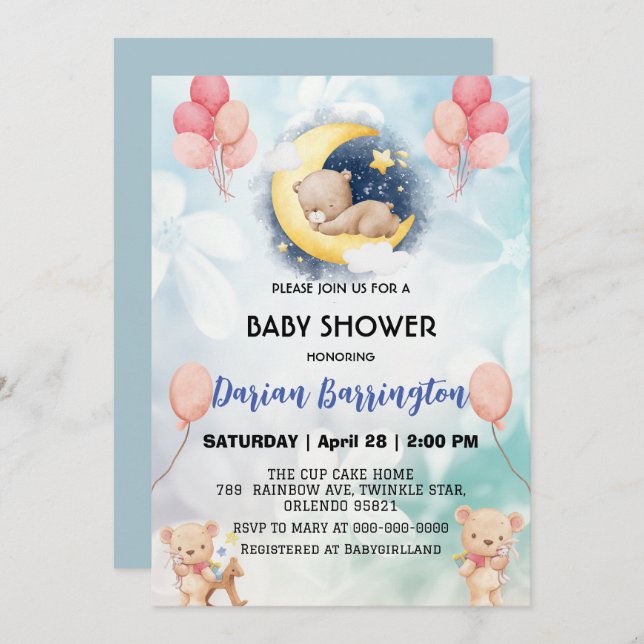 cute teddy Bear flower balloon baby shower party  Invitation (Front/Back)