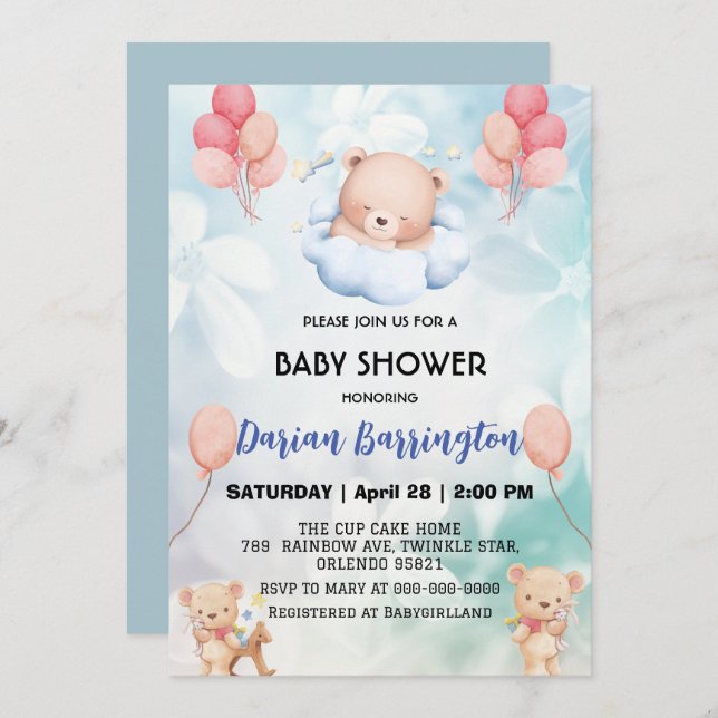 cute teddy Bear flower balloon baby shower party  Invitation (Front/Back)