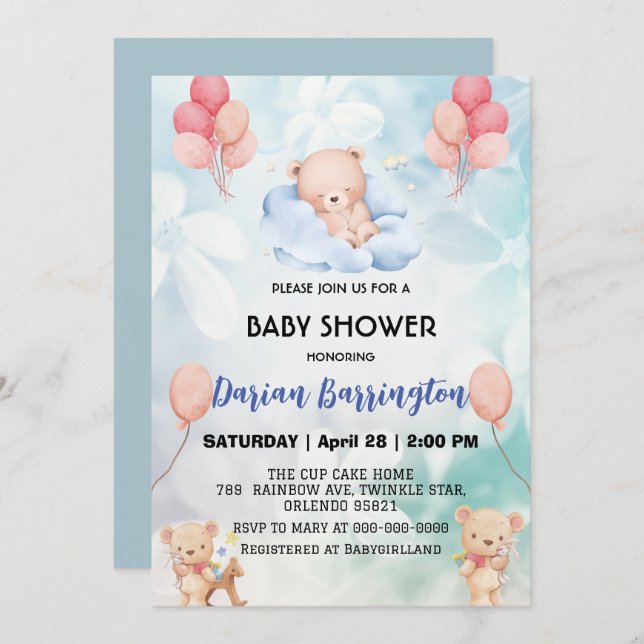 cute teddy Bear flowers floral sky baby shower par Invitation (Front/Back)