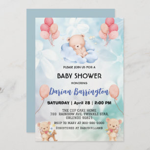 cute teddy Bear flowers floral sky baby shower par Invitation