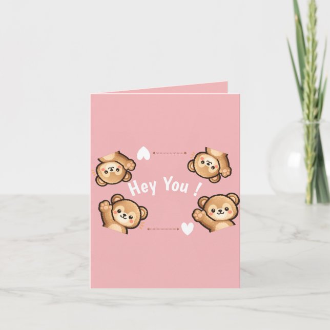 Cute Teddy Bear Folded Invitation – Hey You Pink  (Front)