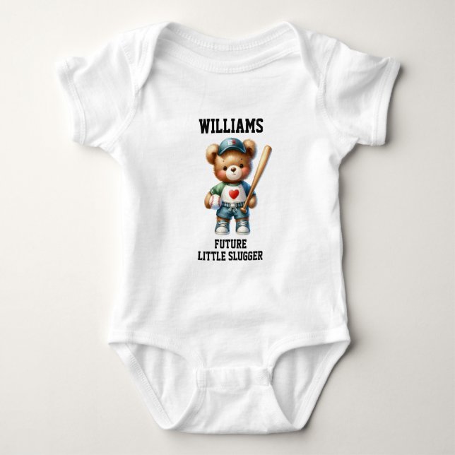 Cute Teddy Bear Future Baseball Player Baby Bodysuit (Front)