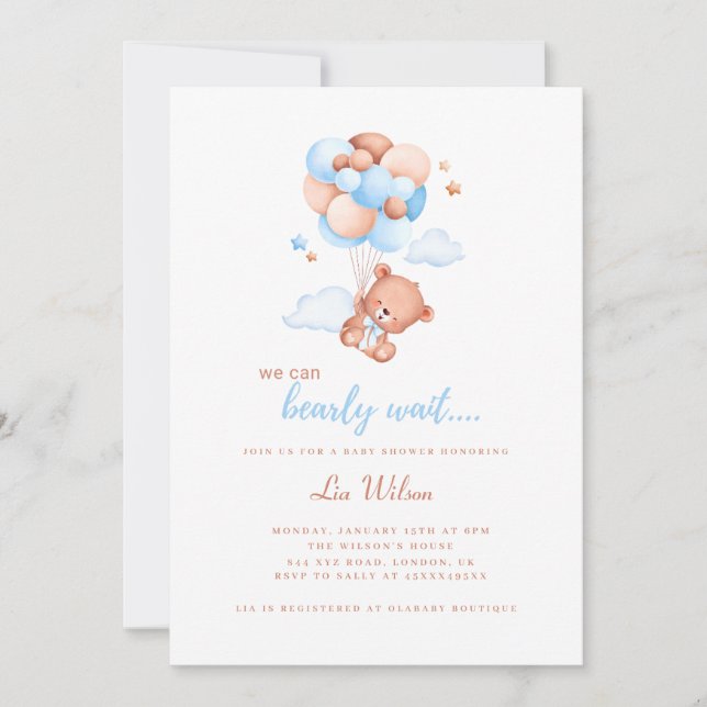 Cute teddy bear gender neutral baby shower invitation (Front)