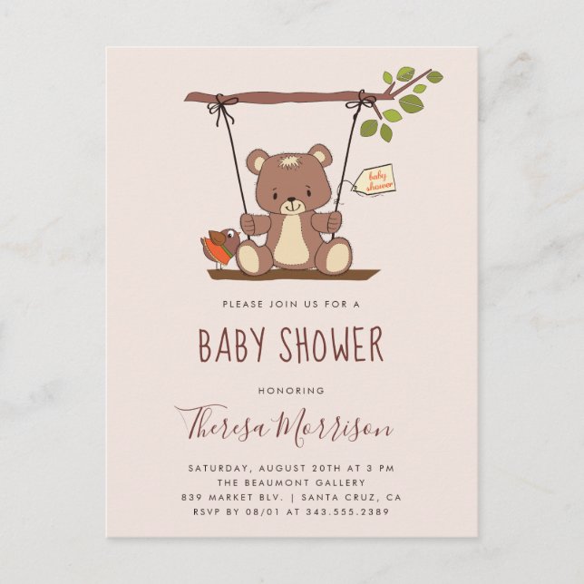 Cute Teddy Bear Gender Neutral Baby Shower Invitation Postcard (Front)
