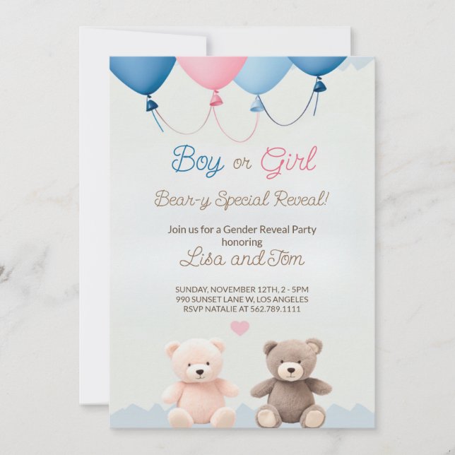 Cute Teddy Bear Gender Reveal Party Invitation (Front)