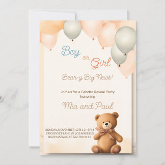Cute Teddy Bear Gender Reveal Party Invitation