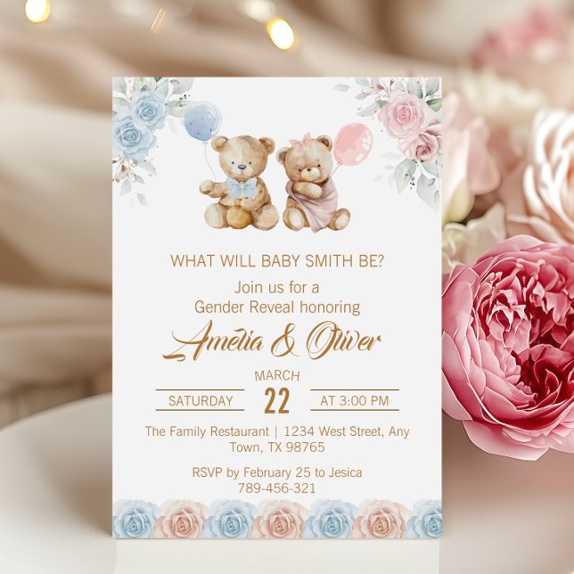Cute Teddy Bear Gender Reveal Pink Blue Roses Invitation (Creator Uploaded)