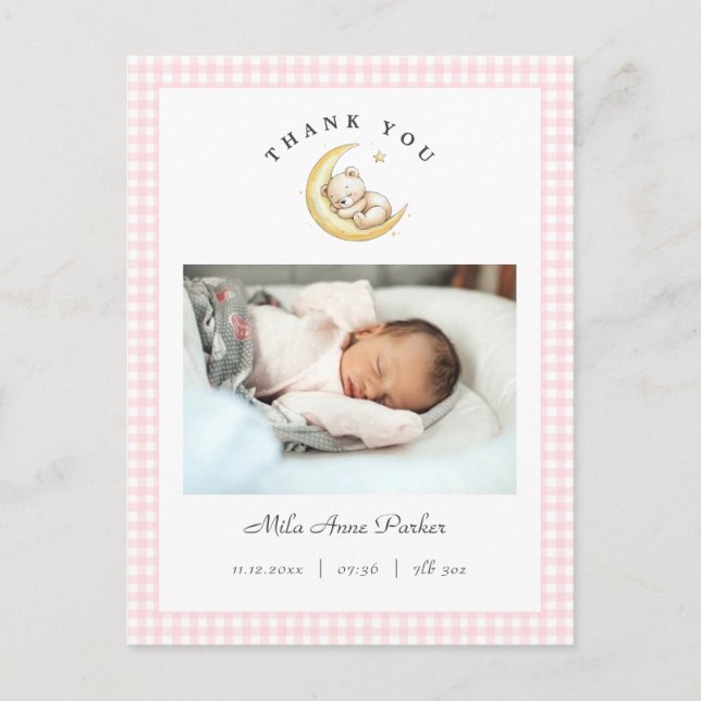 Cute Teddy Bear Gingham Girl Birth Announcement Postcard (Front)