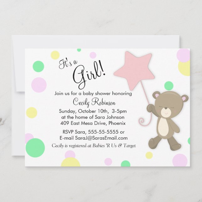 Cute Teddy Bear Girl Baby Shower Invitation (Front)