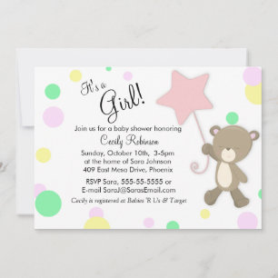 Cute Teddy Bear Girl Baby Shower Invitation