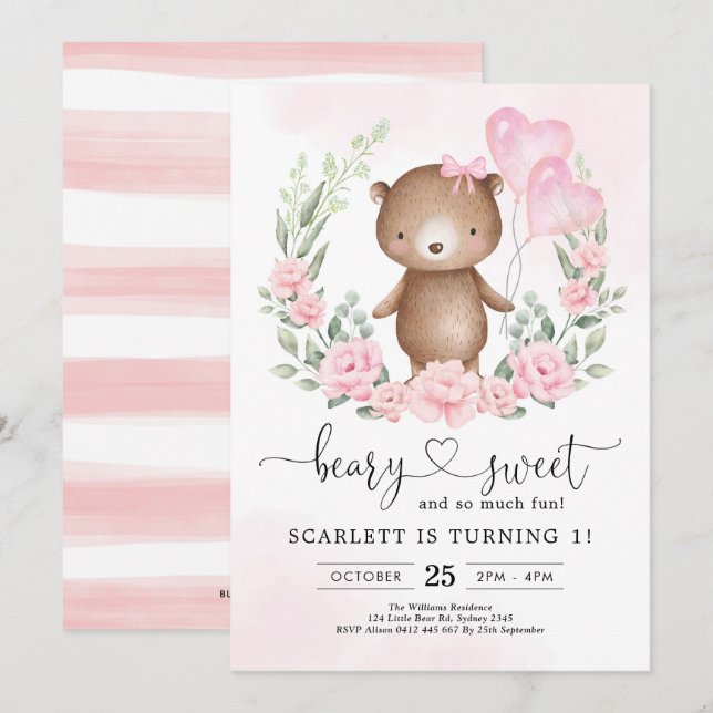 Cute Teddy Bear Girl Birthday Heart Balloons Party Invitation (Front/Back)