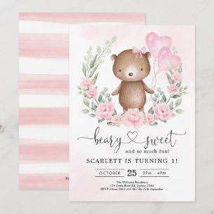 Cute Teddy Bear Girl Birthday Heart Balloons Party Invitation