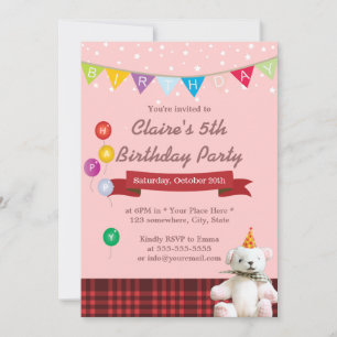 Cute Teddy Bear Girl Birthday Party Invitations