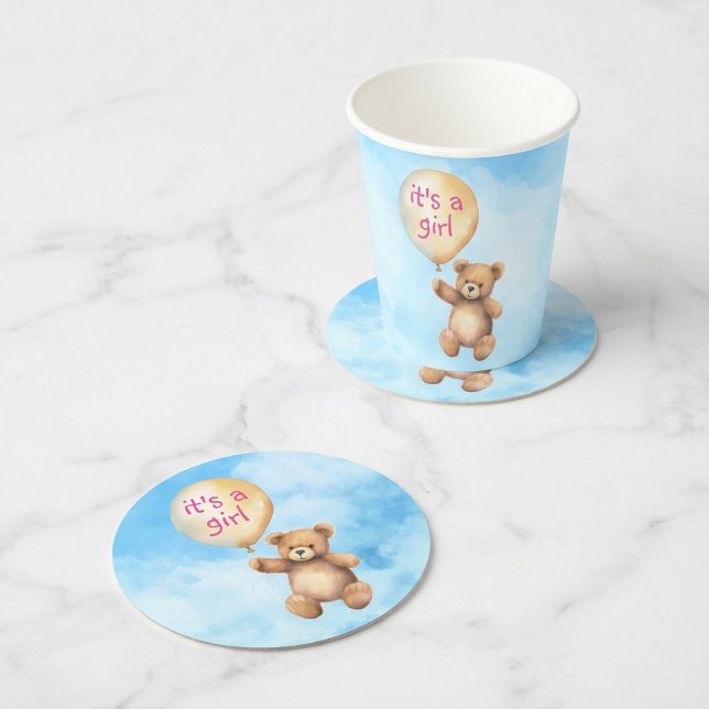 Cute teddy bear girl floating balloon baby shower round paper coaster (Cute teddy bear girl floating balloon baby shower round paper coaster.)