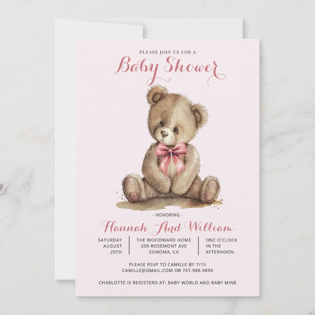 Cute Teddy Bear Girl Pink Baby Shower Invitation (Front)