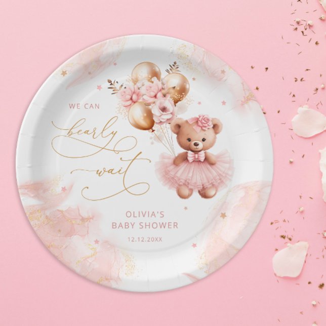 Cute Teddy Bear Gold Balloon Pink Baby Girl Shower Paper Plate (Creator Uploaded)