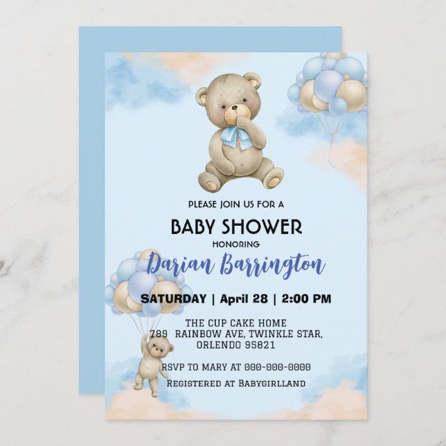 Cute teddy Bear gradient balloon baby boy shower  Invitation (Front/Back)