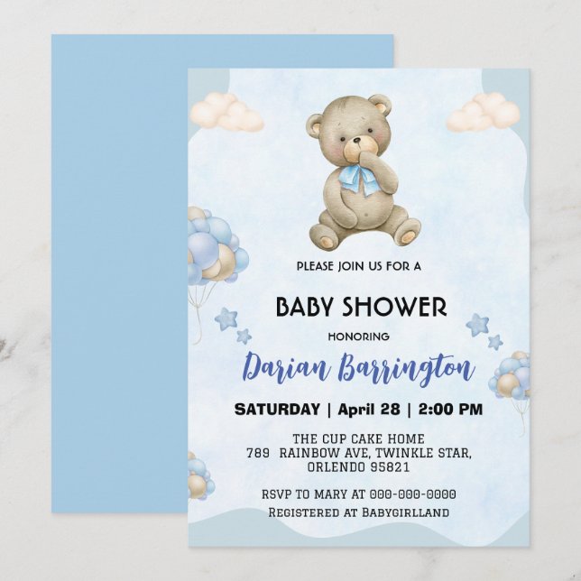 Cute teddy Bear gradient balloon baby boy shower  Invitation (Front/Back)