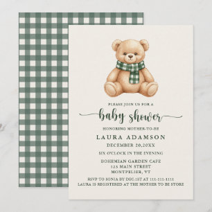 Cute Teddy Bear Green Gingham Plaid Baby Shower Invitation