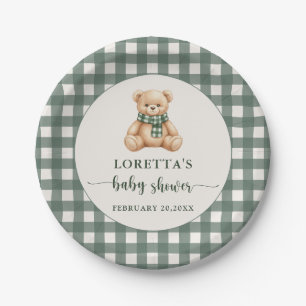 Cute Teddy Bear Green Plaid Baby Shower Paper Plate