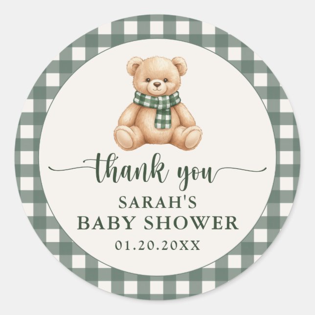 Cute Teddy Bear Green Plaid Baby Shower Thank You Classic Round Sticker (Front)