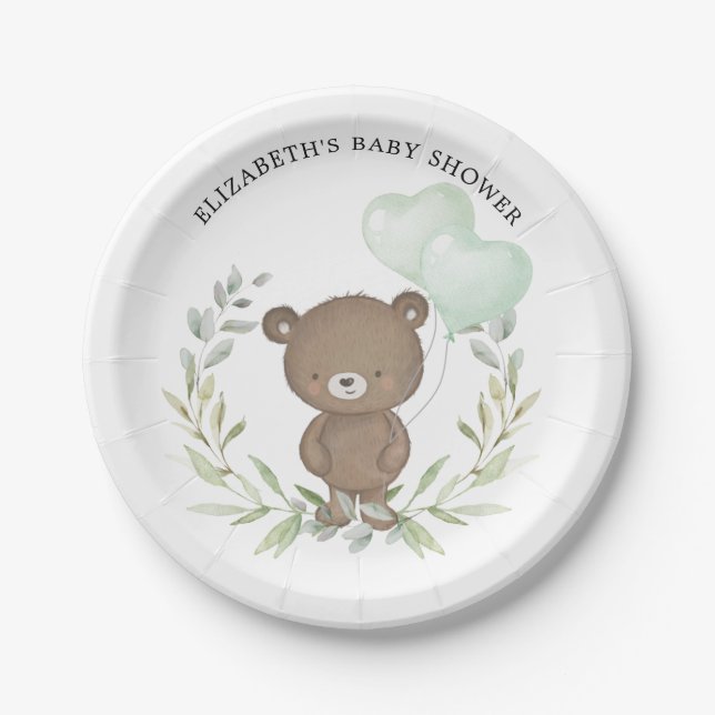 Cute Teddy Bear Greenery Baby Shower 1st Birthday Paper Plate (Front)