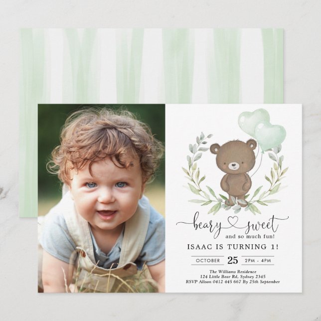 Cute Teddy Bear Greenery Balloons Neutral Birthday Invitation (Front/Back)