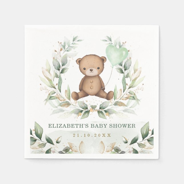 Cute Teddy Bear Greenery Gold Balloon Baby Shower Napkin (Front)