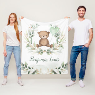 Cute Teddy Bear Greenery Gold Balloon Nursery Baby Fleece Blanket