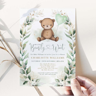Cute Teddy Bear Greenery Gold Neutral Baby Shower Invitation