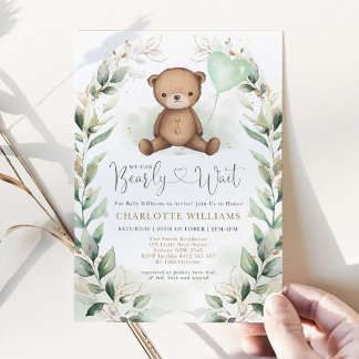 Cute Teddy Bear Greenery Gold Neutral Baby Shower Invitation
